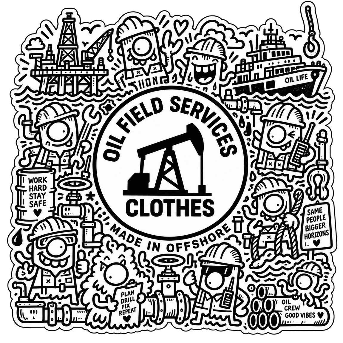 Ilustración original de Oil Field Services Clothes con trabajadores offshore, plataformas, herramientas y embarcaciones